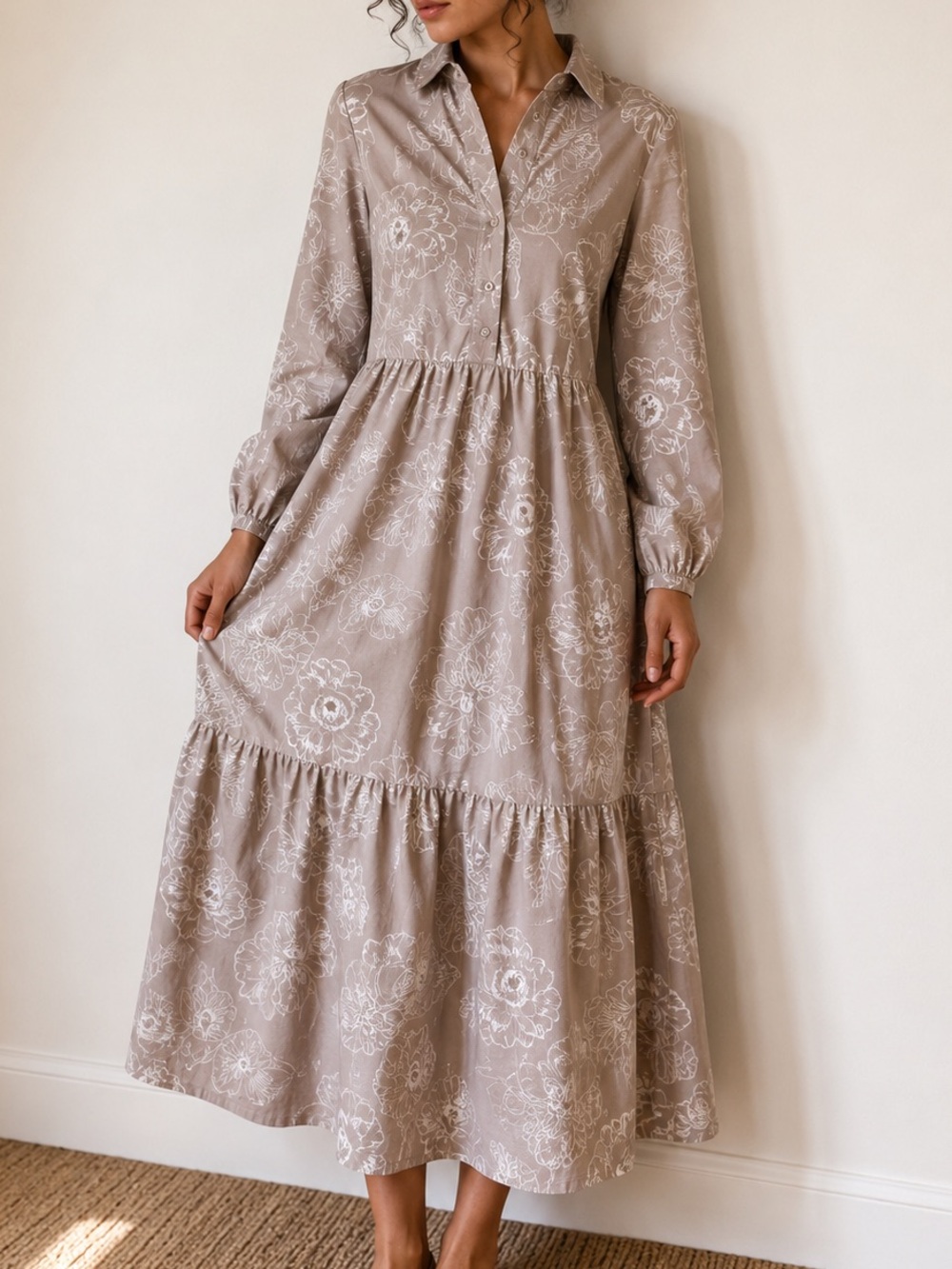 Tahari Floral Midi Dress Neutral Romantic Cottage Style